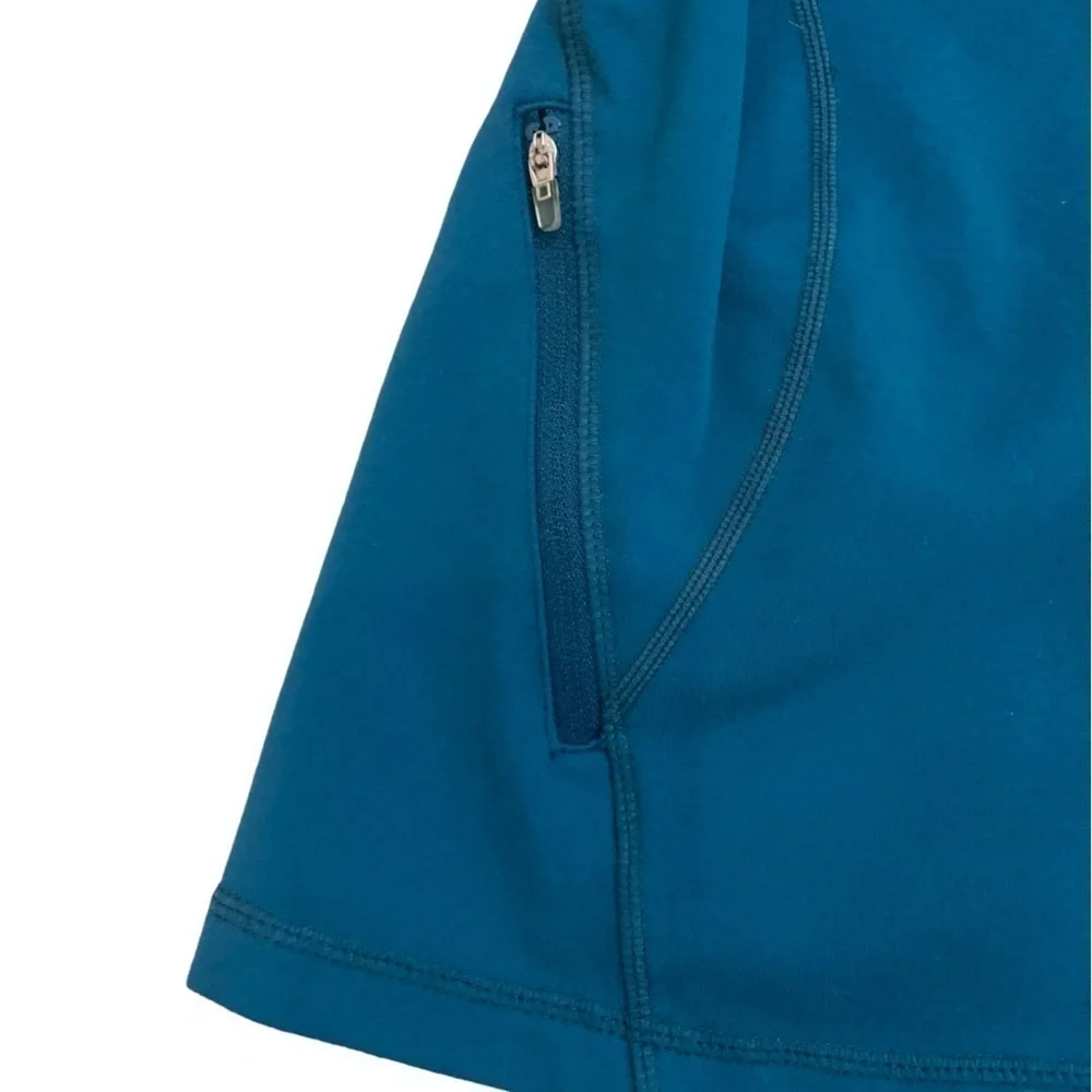 Zella zip up teal ruched athletic jacket with zip up pockets & ruffle back small